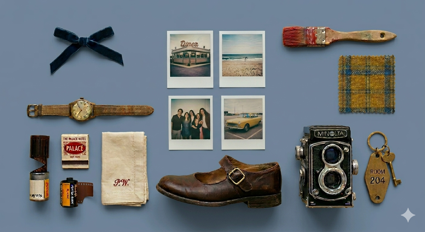 Flat lay of travel memorabilia, polaroids, and vintage objects